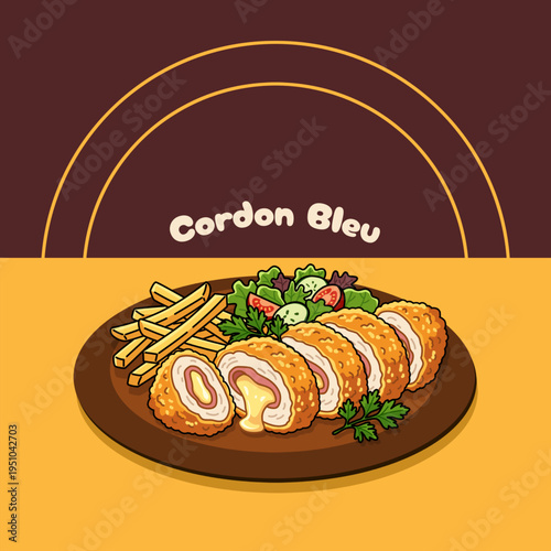 Illustration of Golden Crusted Cordon Bleu with melted cheese center and crispy sides with fries and assorted vegetables. National Cordon Bleu Day, April 4th