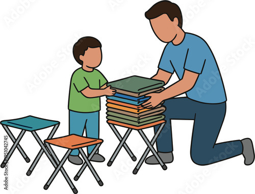 A man and a boy are folding and stacking colorful folding tables.