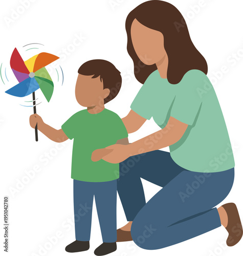 Woman helps child playing with colorful pinwheel outdoors on a sunny day