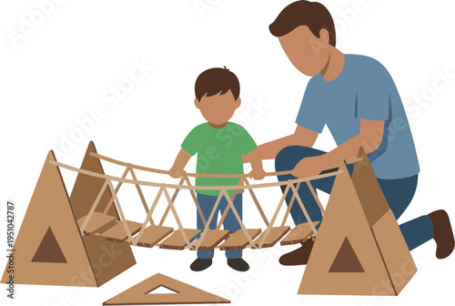 Father and son build a cardboard bridge together at home