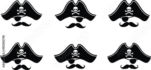 Flat vector illustration of six stylized pirate faces with hats, skull crossbones, eye patches, and unique mustache variations
