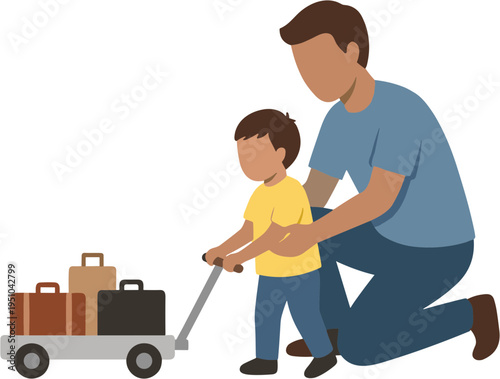 Father assists young boy pulling luggage cart through outdoor area with travel bags.