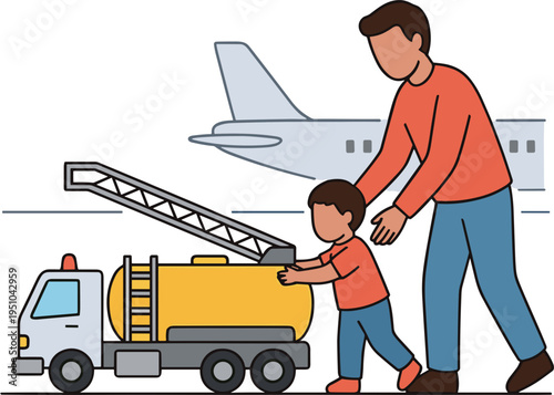 Man guides boy pushing yellow fuel truck near airplane on runway