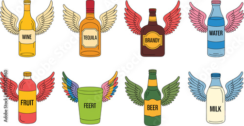 Winged drink bottles collection set, wine beer tequila milk water beverage icons, colorful vector isolated background illustration
