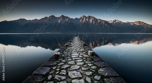 Stone pier extending into a calm lake with mountain reflection at sunrise