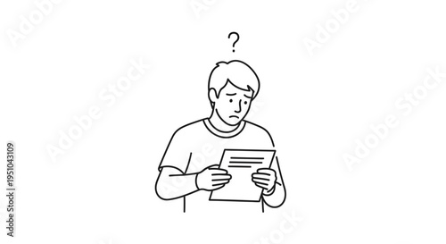 Confused Man Reading Document with Question Mark Above Head