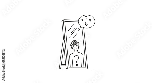 Confused man looking in mirror with question marks, self-doubt, identity crisis