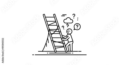Confused person climbing a broken ladder, symbolizing doubt and uncertainty in career or life challenges.