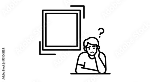 Confused Person Looking at Blank Frame, Question Mark, Uncertainty, Decision Making