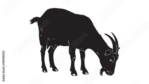 A detailed black silhouette of a female goat standing and grazing grass on a clean white background