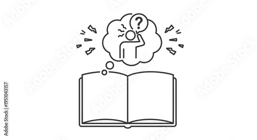 Confused person thinking with question mark above open book, illustration
