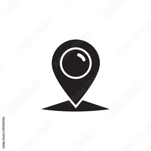 A black silhouette of a map pin icon representing a specific location point on a white background