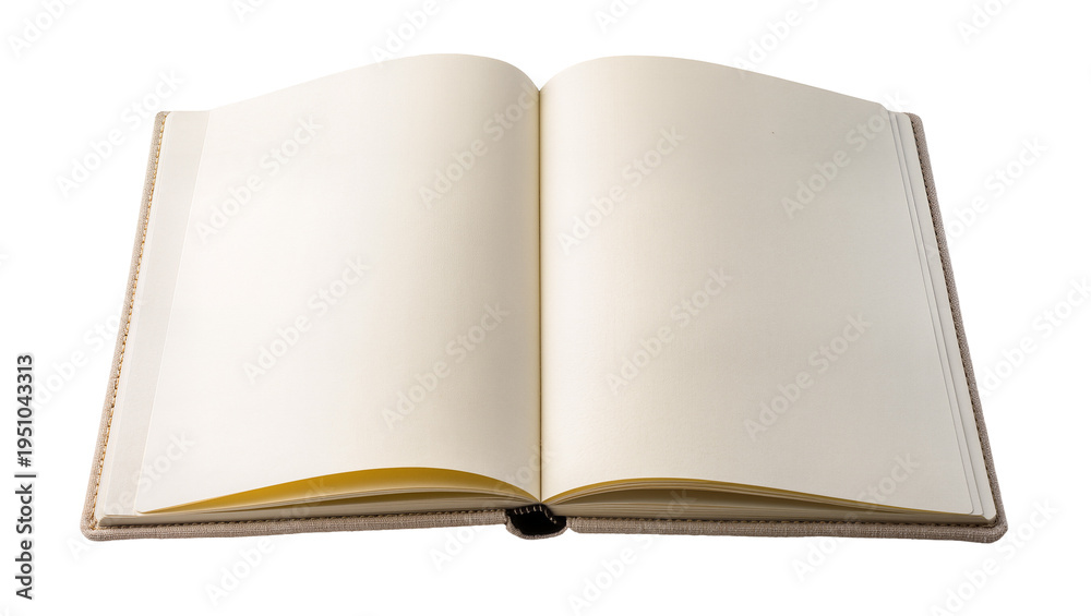 Fototapeta premium Open blank notebook with plain light beige pages and textured fabric cover, isolated on transparent background, perfect for mockups PNG
