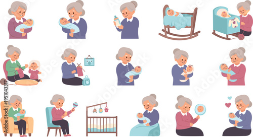 Grandmother Caring for Baby Illustration Set Featuring Feeding Playing Cradle Care and Parenting Moments Cute Family Cartoon Vector Collection