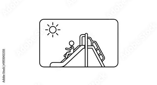 Child sliding down playground slide on sunny day, simple line art icon