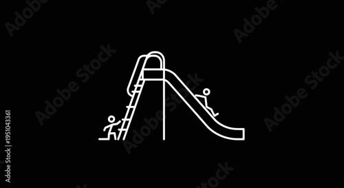 Children playing on a playground slide, climbing ladder, fun outdoor activity, simple line art icon