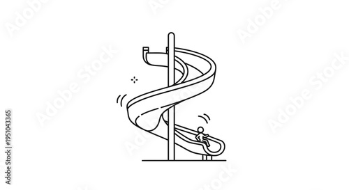 Child sliding down a spiral playground slide, line art illustration