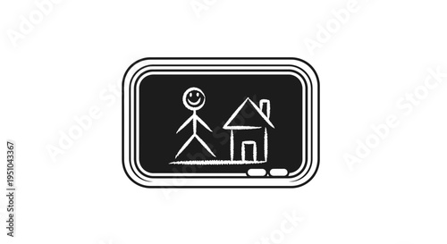 Childlike Drawing of Stick Figure and House on Chalkboard
