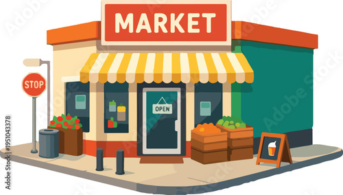 Mini Market Corner Shop Building Illustration featuring Charming Neighborhood Grocery Store with Storefront Awning and Display Windows for Urban Cityscape Design