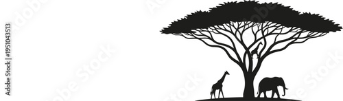 African Savanna Silhouette Featuring Large Acacia Tree Giraffes and Elephant Wildlife Scene for Nature Conservation and Travel Graphic Design