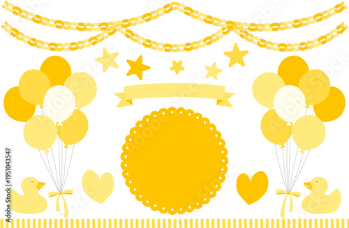 ベビーシャワー用黄色のパーティー装飾セット（バルーン・ペーパーチェーン・ラバーダック） / Yellow baby shower decoration set with balloons paper chain and rubber duck