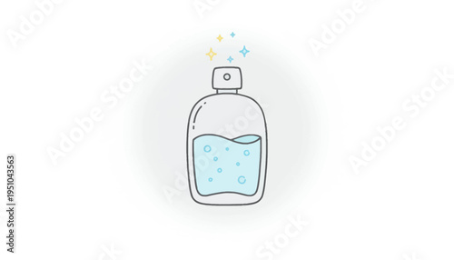 Clear bottle with blue liquid and bubbles, sparkling clean water, cosmetic product