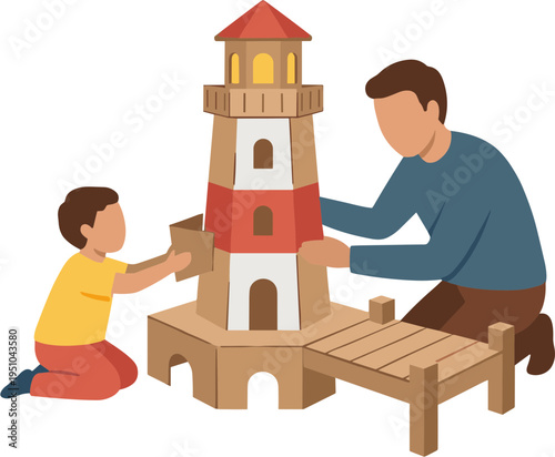 A man and a boy are building a wooden lighthouse together on the floor.