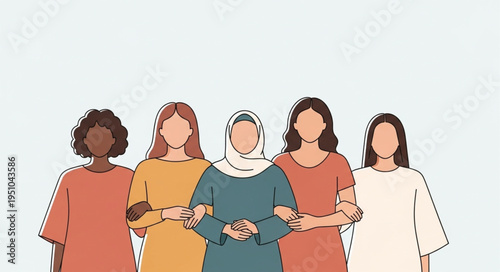 Diverse group of women standing together arm in arm.