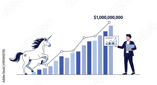 Businessman presenting a growth chart toward a unicorn representing a billion dollar startup achievement and success.