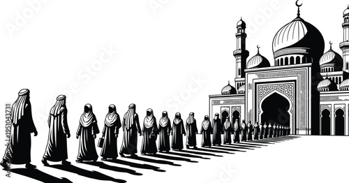 Black and white illustration of a long line of Muslim men and women walking toward a mosque for prayer worship