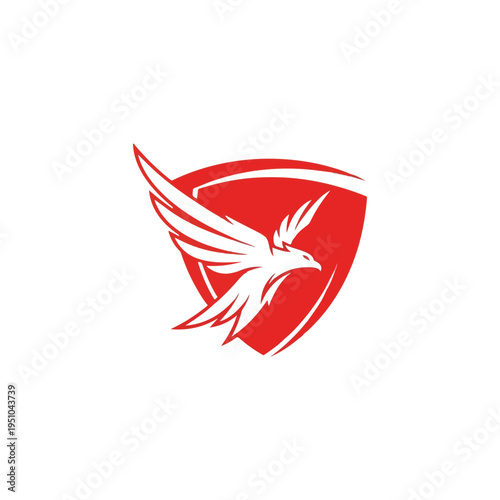 Free Download A minimalist red shield emblem featuring a stylized white eagle flying in a dynamic upward motion - GFXLoad
