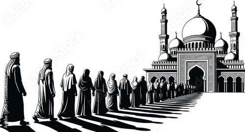 Black and white illustration of a long line of Muslim people walking toward a grand mosque for prayer and worship
