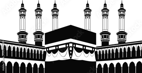 Black and white vector illustration of the Holy Kaaba and Masjid al-Haram minarets in Makkah for Hajj and Umrah pilgrimage