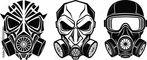 Black and white gas mask vector set, futuristic respirator face masks, apocalyptic military protection icons, tactical survival equipment, hazard safety.