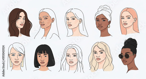 Diverse group of women portraits with different hairstyles and skin tones.