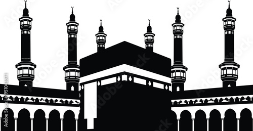 Black silhouette of the Holy Kaaba and Masjid al-Haram mosque minarets in Makkah for Hajj Umrah Ramadan and Islamic concepts