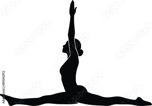 Black silhouette of a flexible woman performing a full split with arms raised for yoga fitness gymnastics and wellness concepts