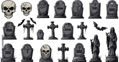 Halloween Graveyard Elements Icon Set Featuring Skulls Tombstones Crosses Bats and Grim Reaper Dark Horror Cartoon Vector Collection