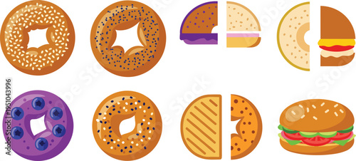 Bagel and Donut Collection with Sesame Poppy Seed Blueberry Pastry Sandwich and Burger Elements Flat Vector Illustration for Bakery Fast Food Design