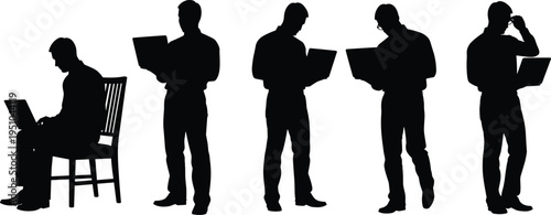 businessman silhouette working with laptop and documents, office professional poses set, corporate employee reading report illustration collection