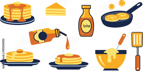 Breakfast Pancake Collection with Syrup Bottle Fried Eggs Bowl Batter Spatula Stack Pancakes and Pouring Syrup Flat Vector Illustration for Food Design
