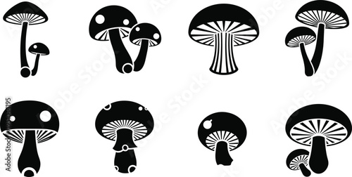 Black Mushroom Silhouette Vector Set Featuring Various Fungus Shapes Toadsand Gills For Forest Nature Themes And Autumn Graphic Design Projects