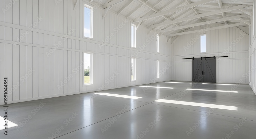 Obraz premium Modern minimalist white barn interior with polished concrete floor for wedding event venue
