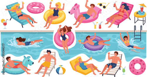 Pool Party Summer Relaxation Scenes Set Featuring People Swimming Floating Sunbathing Drinks Inflatable Rings and Vacation Lifestyle Cartoon Vector Collection