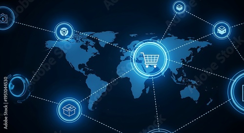 Glowing blue global network with shopping cart connected by lines
