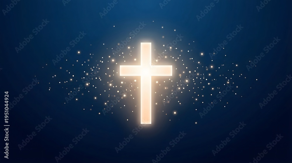 Obraz premium Radiant golden cross with ethereal light and sparkling particles on a deep blue background, a clean vector illustration embodying faith, hope, and divine spirituality