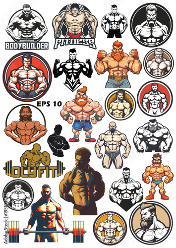 Bodybuilding and Fitness Logo Mascot Set. Vector Illustration of Diverse Athletic Male Characters, Circular Gym Badges, and Fitness Branding Elements.