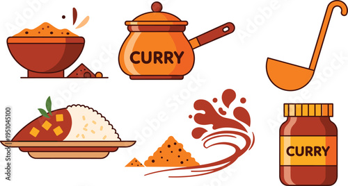 Curry Food Collection with Rice Bowl Cooking Pot Ladle Spice Powder Sauce Splash and Jar Elements Flat Vector Illustration for Asian Cuisine Design