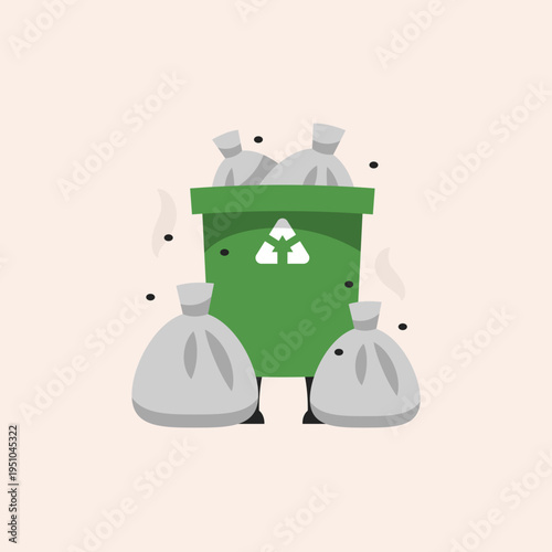 Cheerful cartoon recycling bin character holding a trash bag, promoting environmental protection and waste management awareness with a friendly and inviting design
