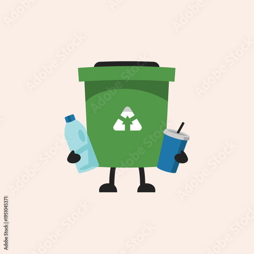 Cheerful Cartoon Recycling Bin Character Promoting Eco-Friendly Waste Management by Holding Plastic Bottle and Paper Cup for Sustainable Living